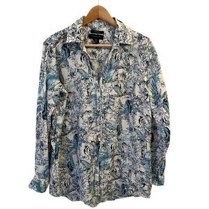 Tahari 100% Linen Button Up Shirt Womens M Floral Bird Print Blue White Beachy